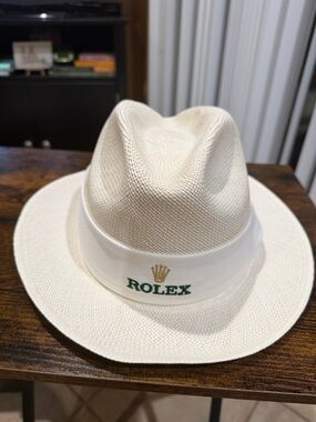 Rolex Cream Straw Fedora with Green & Gold Logo